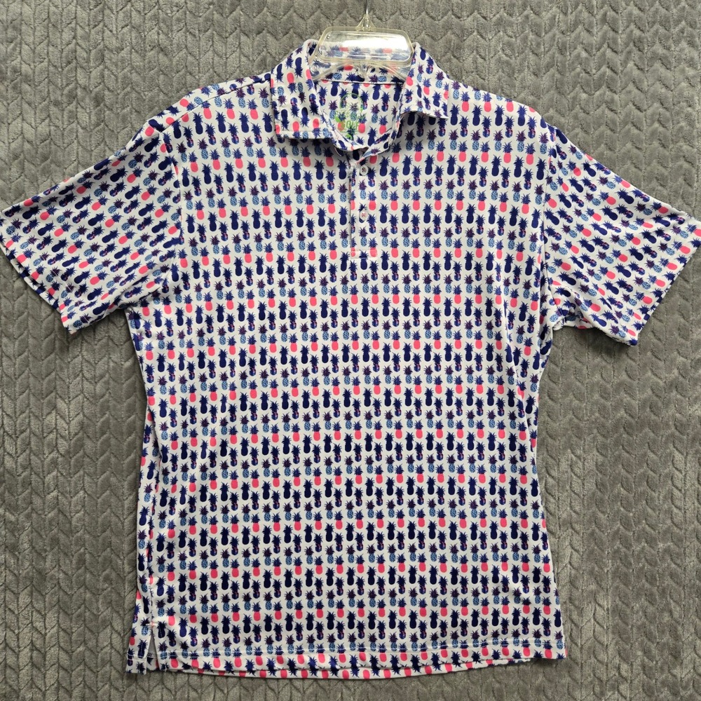 TailorByrd Golf Polo Shirt Mens Medium Pineapple Print Pink Blue White